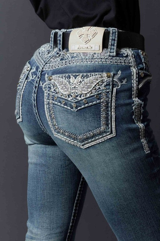 High-rise bootcut jeans by Answer Me featuring crystal embroidery on denim fabric.