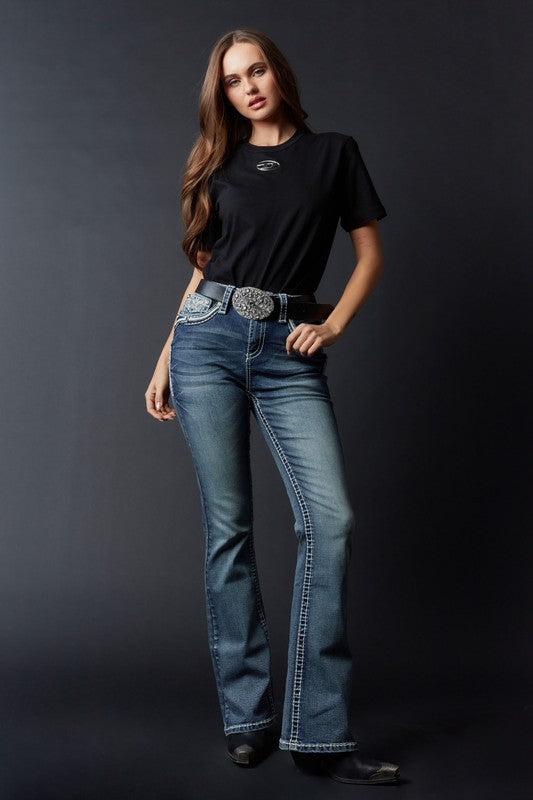 High-rise bootcut jeans with crystal embroidery, featuring a stylish denim design by Answer Me.
