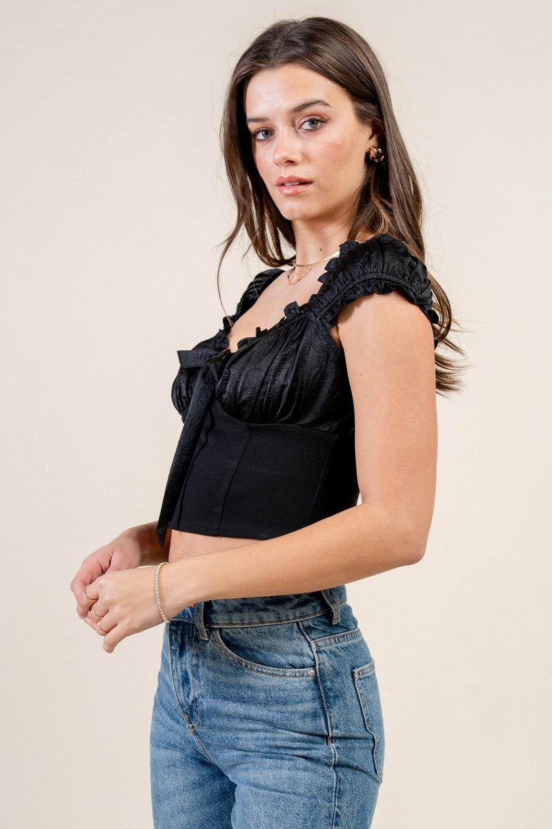 Satin Tie-Front Ruffle Bustier Crop Top