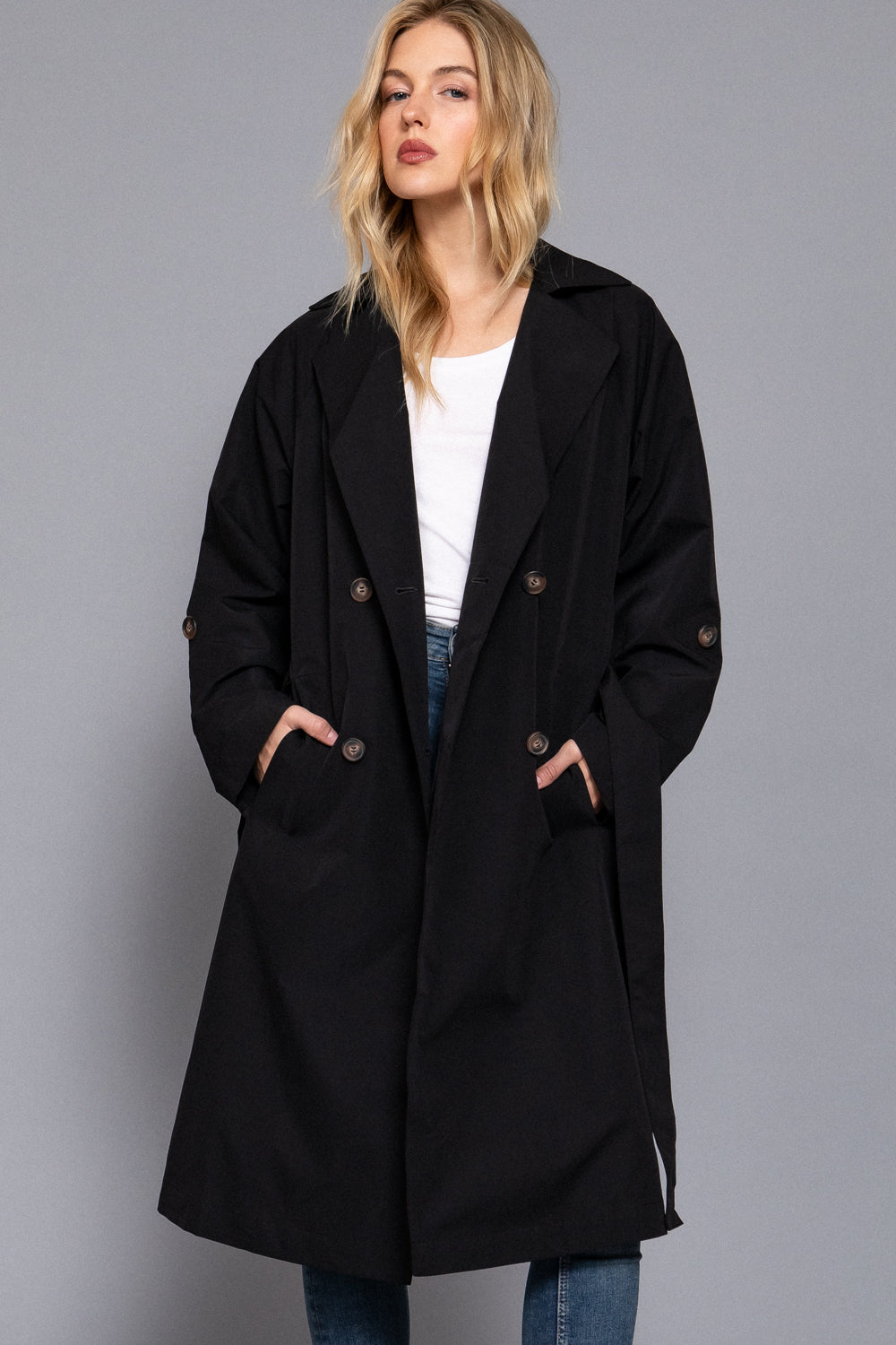 Belted Lapel Trench Coat – Black & Light Khaki – Black – View 3