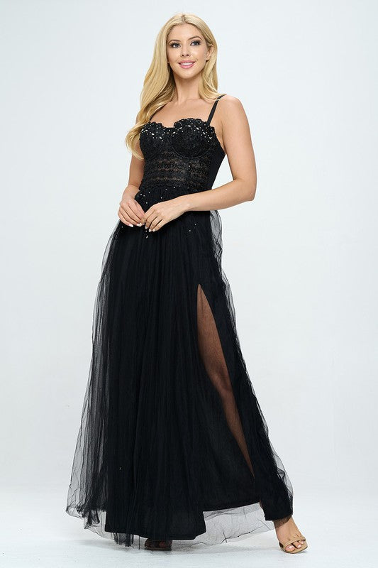 Rhinestone Bustier Layered Tulle Maxi Dress