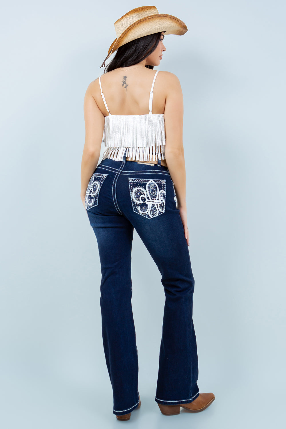 Dark Blue Embroidered Bootcut Jeans with Western Accent Stitching