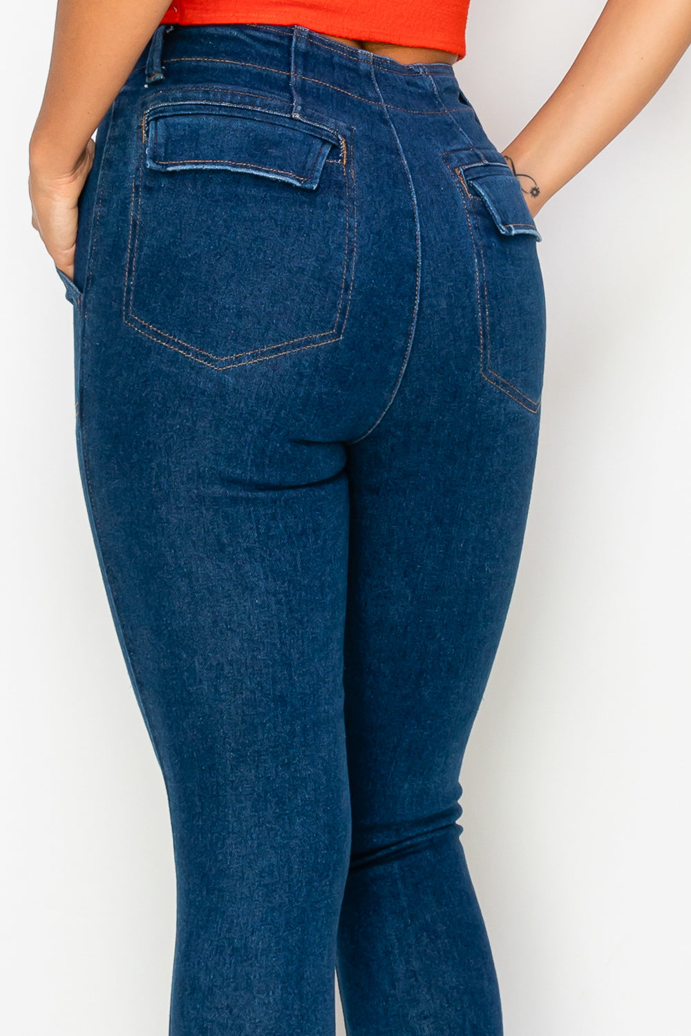 High-Waisted Pull-On Skinny Jeans with Clean Back Pockets