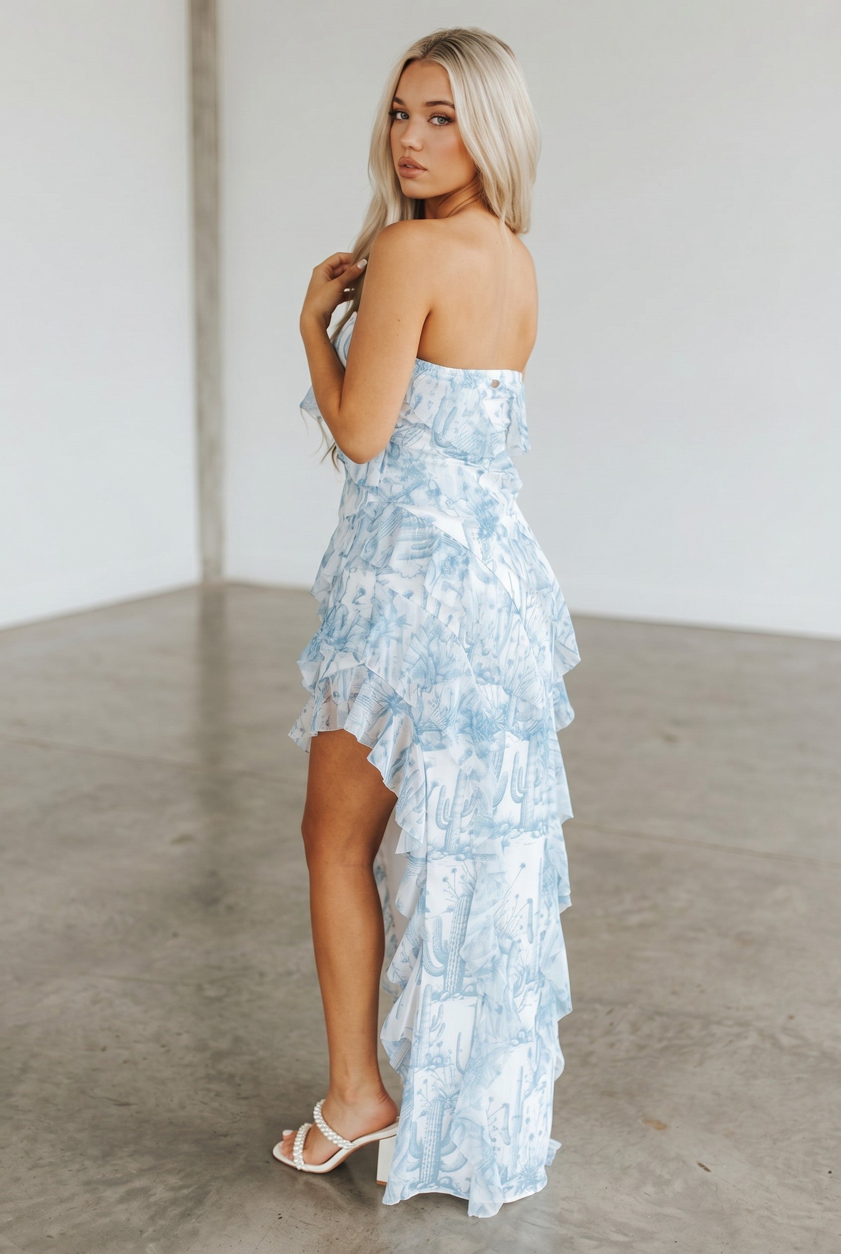 Desert Toile Strapless Ruffle Maxi Dress