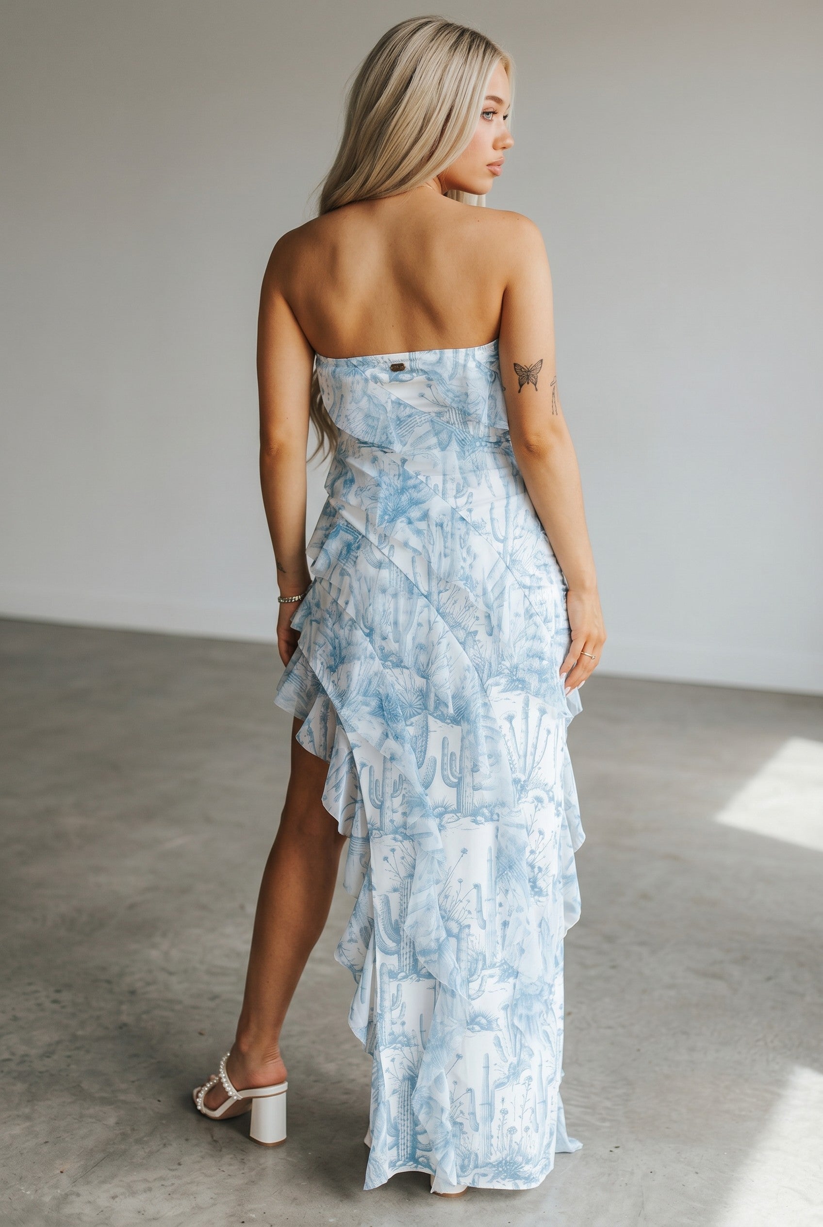 Desert Toile Strapless Ruffle Maxi Dress