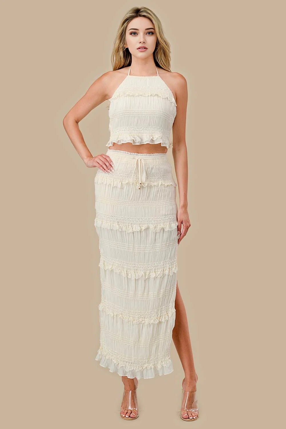 Smocked Chiffon Midi Skirt 2-Piece Set
