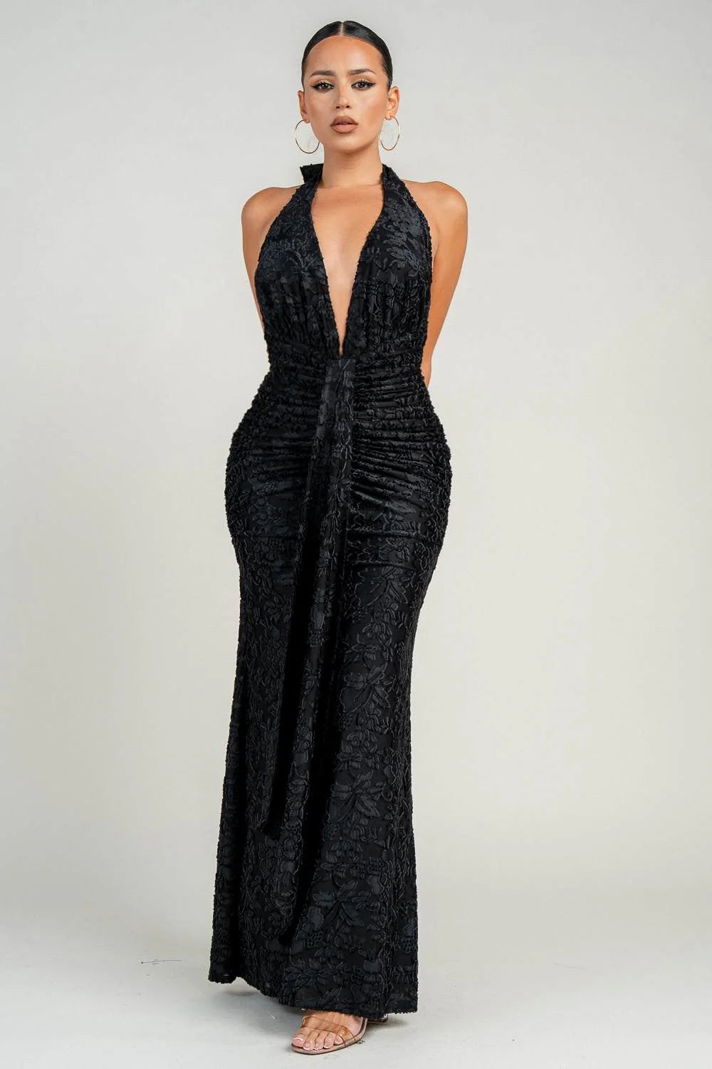Deep Plunge Halter Maxi Dress