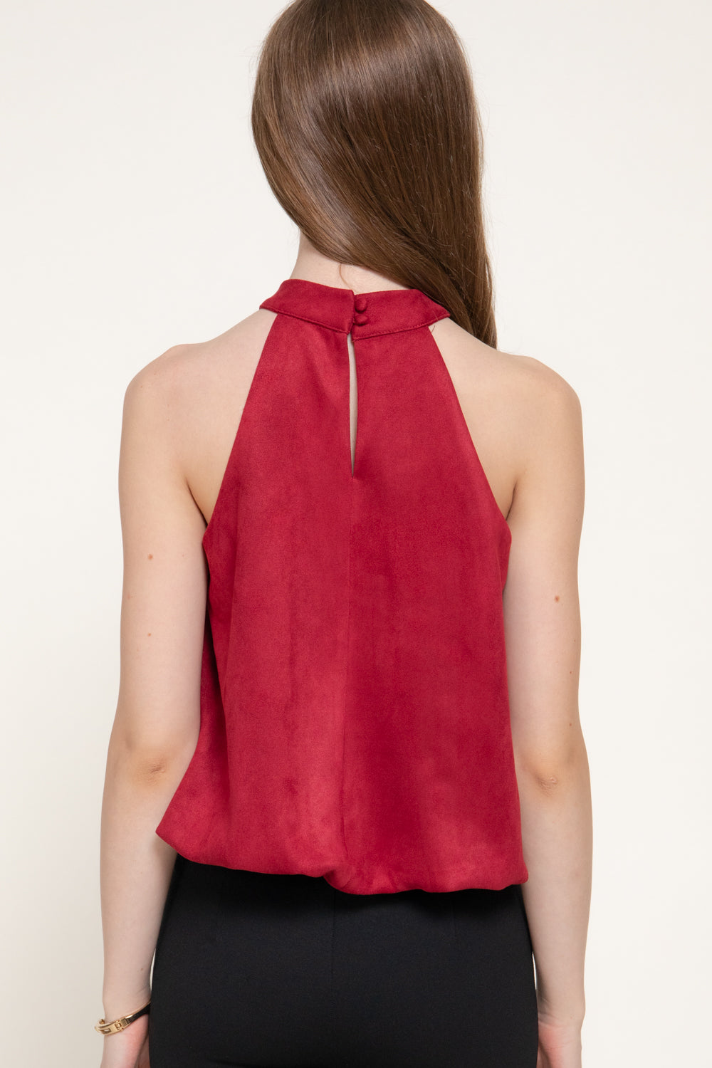 Faux Suede Halter Top – Black, Caramel & Dark Red – Dark Red – View 3
