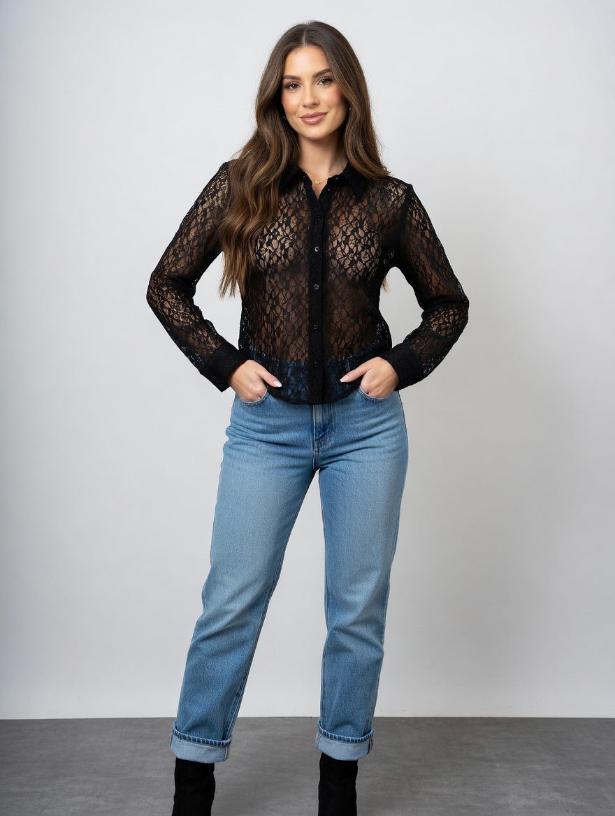 Sheer Lace Button-Up Long Sleeve Top
