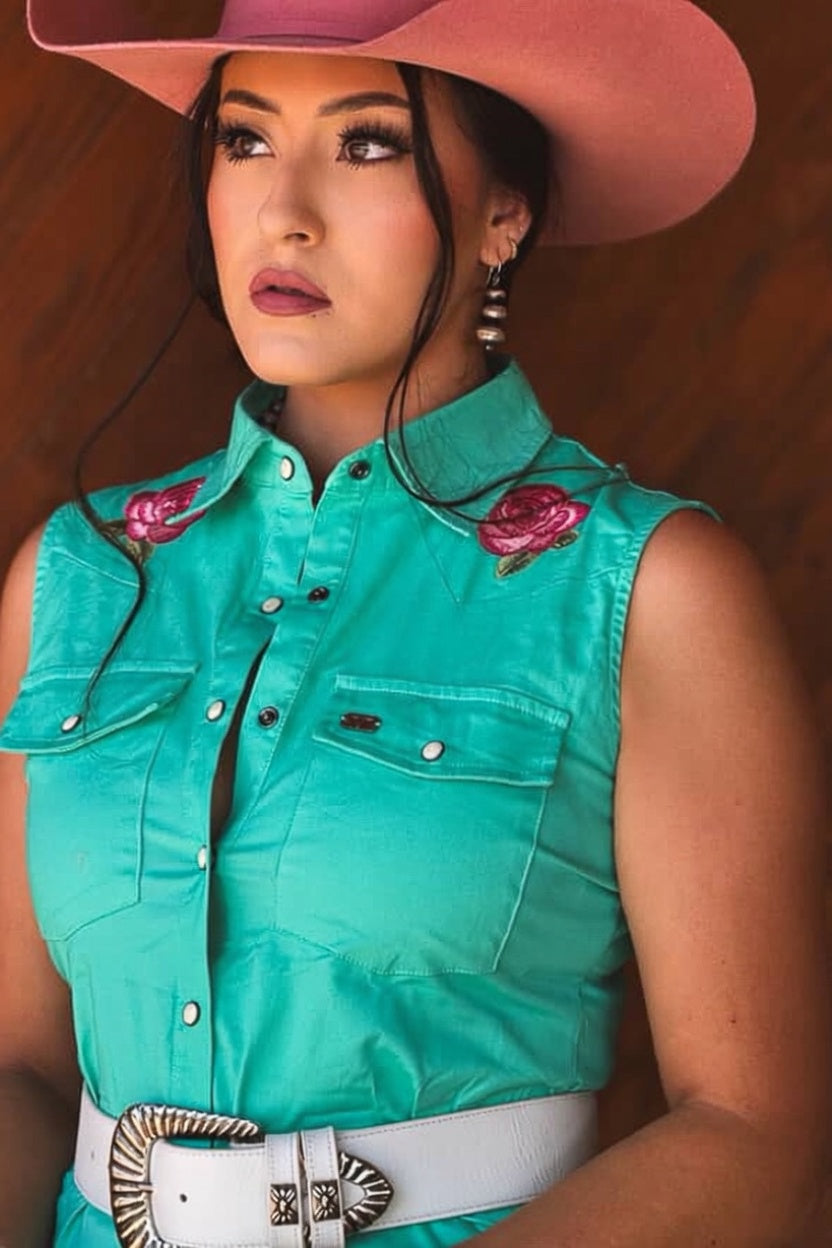 Turquoise Embroidered Western Snap Shirt Dress