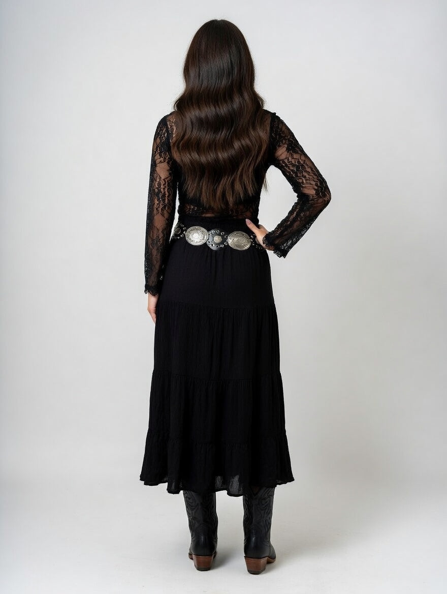 Black Tiered Maxi Skirt with Western Concho Belt