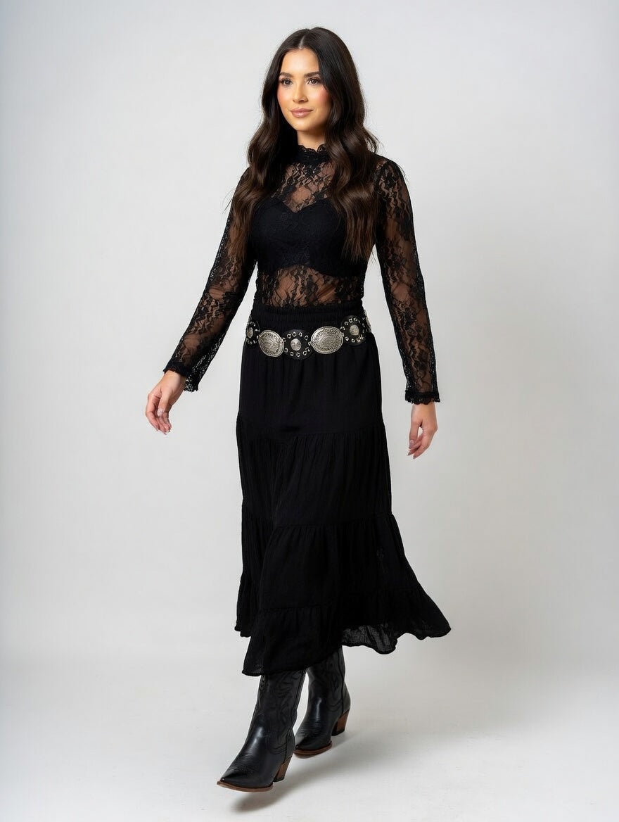 Black Tiered Maxi Skirt with Western Concho Belt