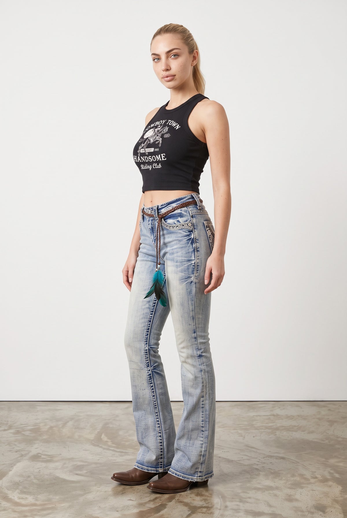 Side view of Western Blue W263 light wash mid-rise bootcut jeans showing the bootcut leg line