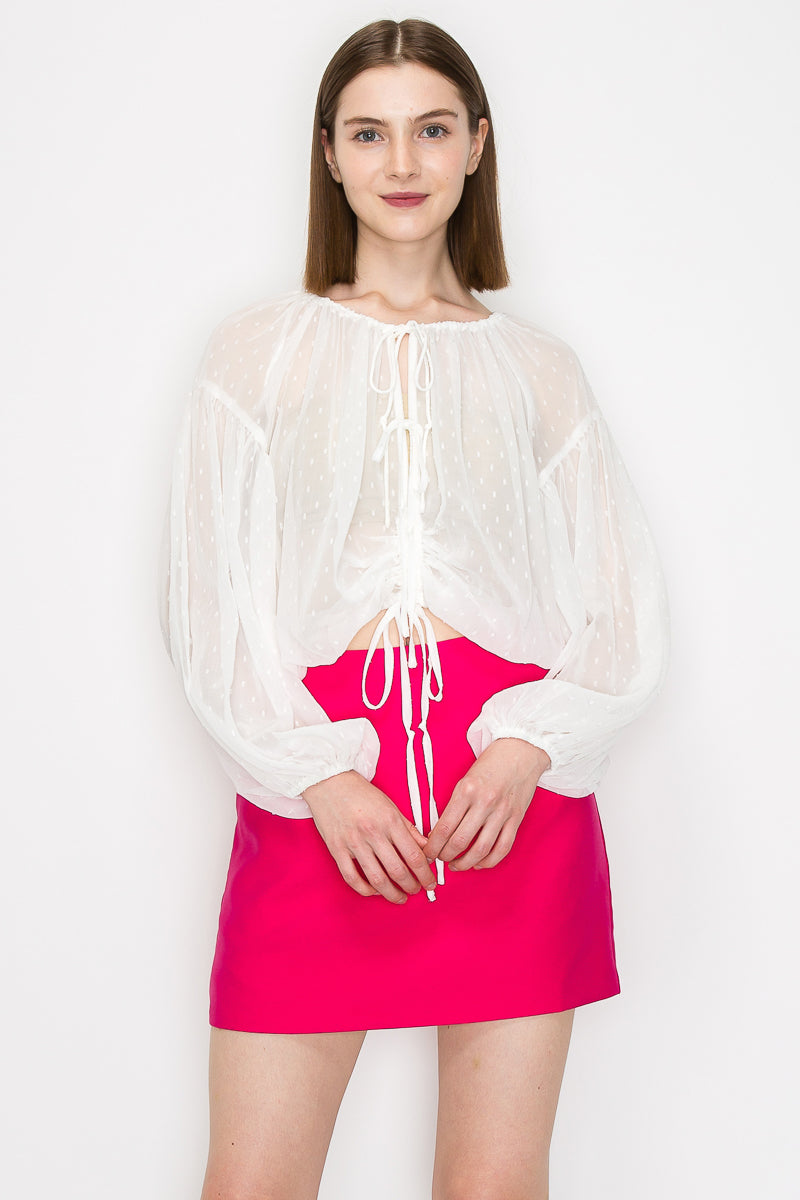 Long sleeve dots jacquard chiffon blouse top - Vella Moda