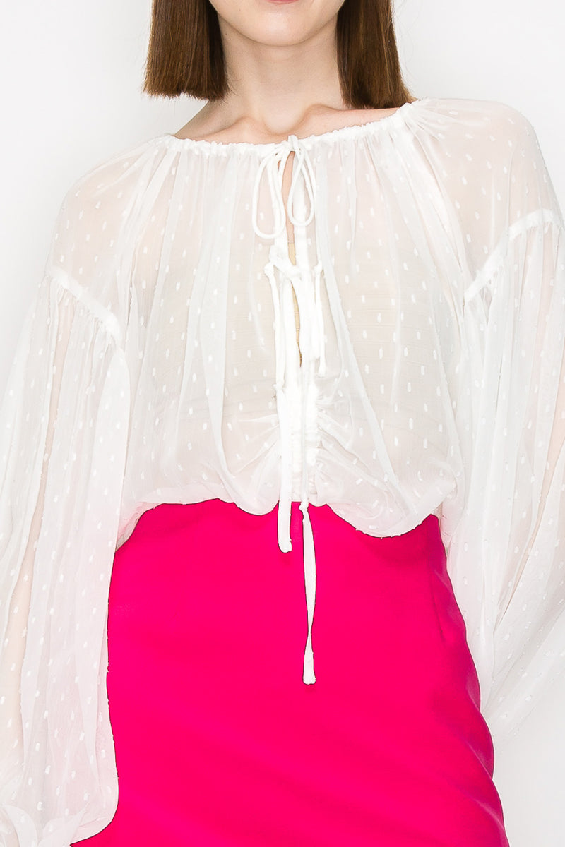 Long sleeve dots jacquard chiffon blouse top - Vella Moda