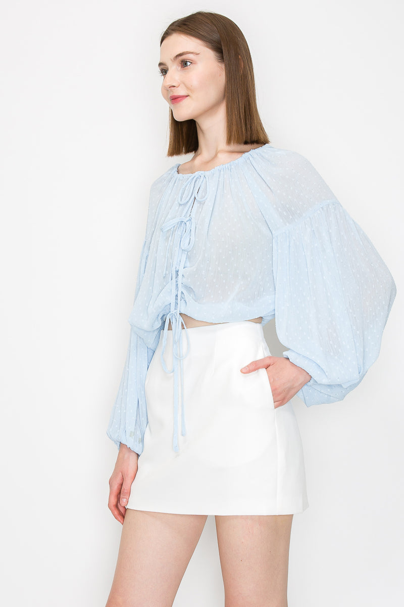 Long sleeve dots jacquard chiffon blouse top - Vella Moda