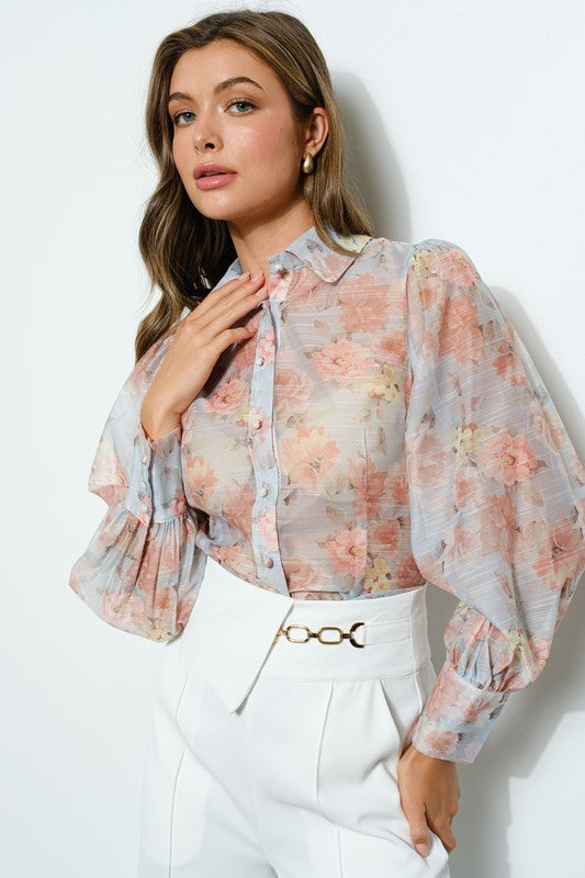 Long Puff Sleeve Floral Print Blouse Top - Vella Moda