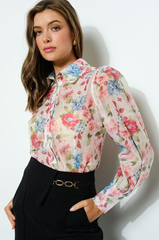 Long Puff Sleeve Floral Print Blouse Top - Vella Moda