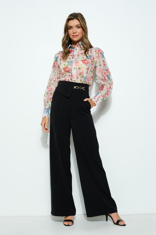 Long Puff Sleeve Floral Print Blouse Top - Vella Moda