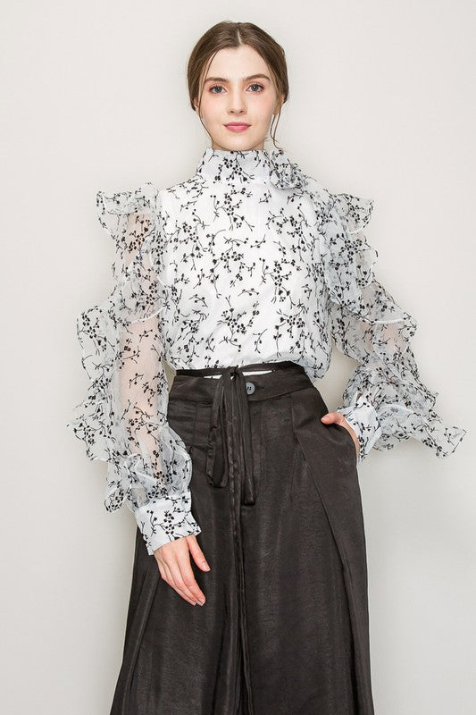 High Neck Long Sleeve Floral Print Frilled Blouse - Vella Moda