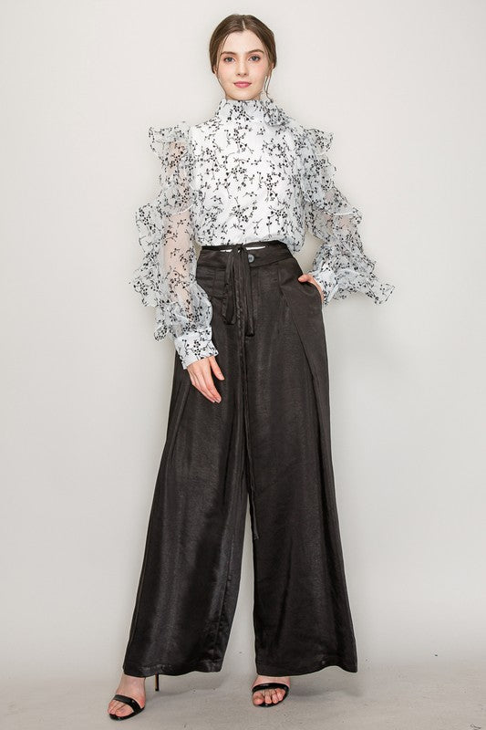 High Neck Long Sleeve Floral Print Frilled Blouse - Vella Moda