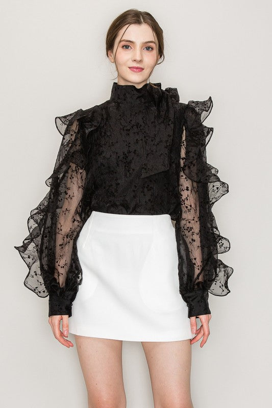 High Neck Long Sleeve Floral Print Frilled Blouse - Vella Moda