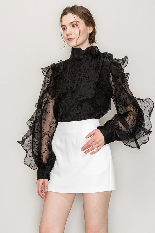 High Neck Long Sleeve Floral Print Frilled Blouse - Vella Moda