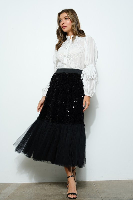 High Neck Long Sleeves Lace Blouse Top - Vella Moda