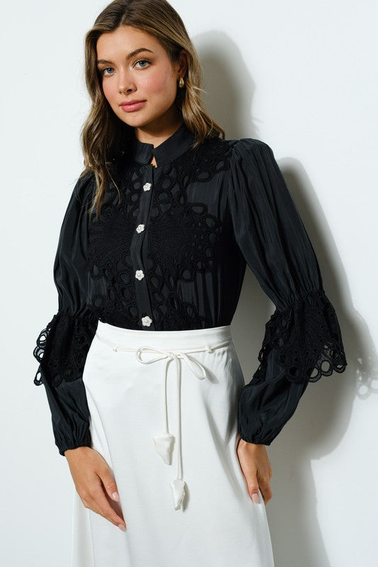 High Neck Long Sleeves Lace Blouse Top - Vella Moda