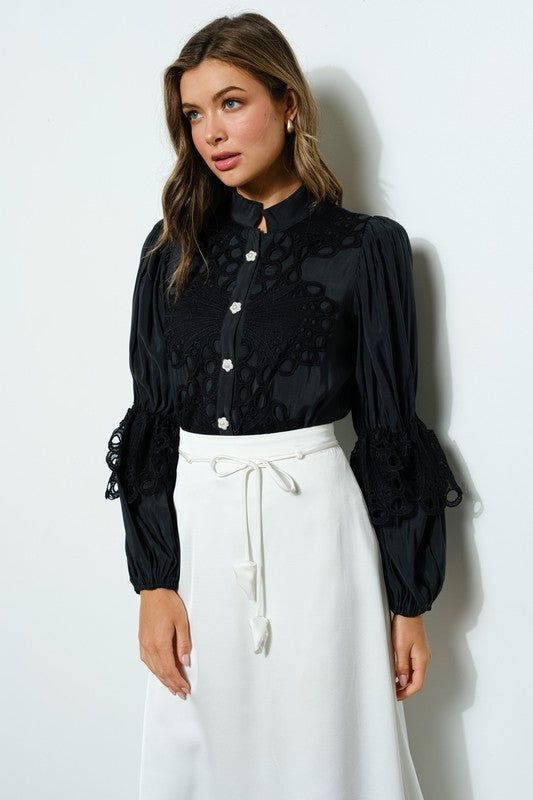 High Neck Long Sleeves Lace Blouse Top - Vella Moda