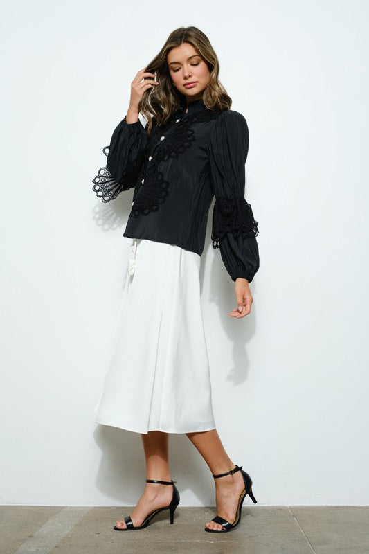 High Neck Long Sleeves Lace Blouse Top - Vella Moda