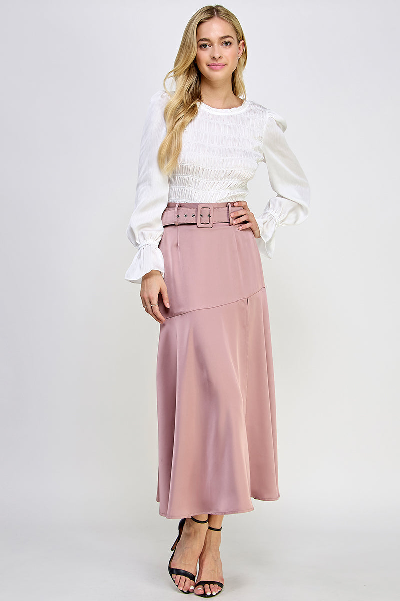 Round Neck Long Balloon Sleeve Smocking Satin Top - Vella Moda