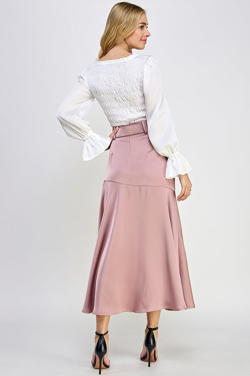 Round Neck Long Balloon Sleeve Smocking Satin Top - Vella Moda