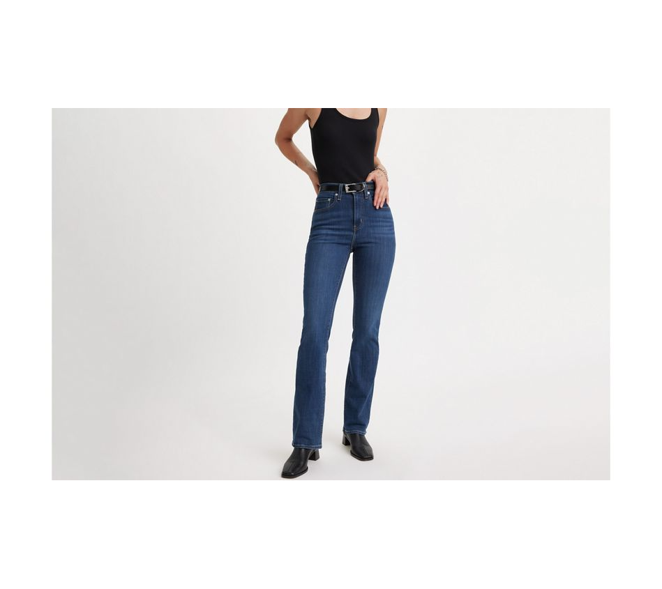 Levi's 725 High-Rise Boot Cut Jeans showing classic denim fabric, high-rise waistband, and boot cut style on a hanger.
