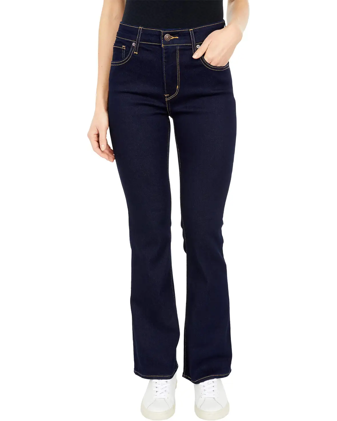 Levi's 725 High-Rise Boot Cut Jeans in dark wash with cast shadow details, showcasing classic denim style and fit.