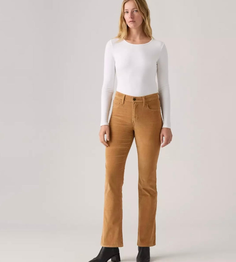 Levi's 725 high-rise bootcut corduroy women's jeans shown in dark brown with a fitted waist and flared leg silhouette.