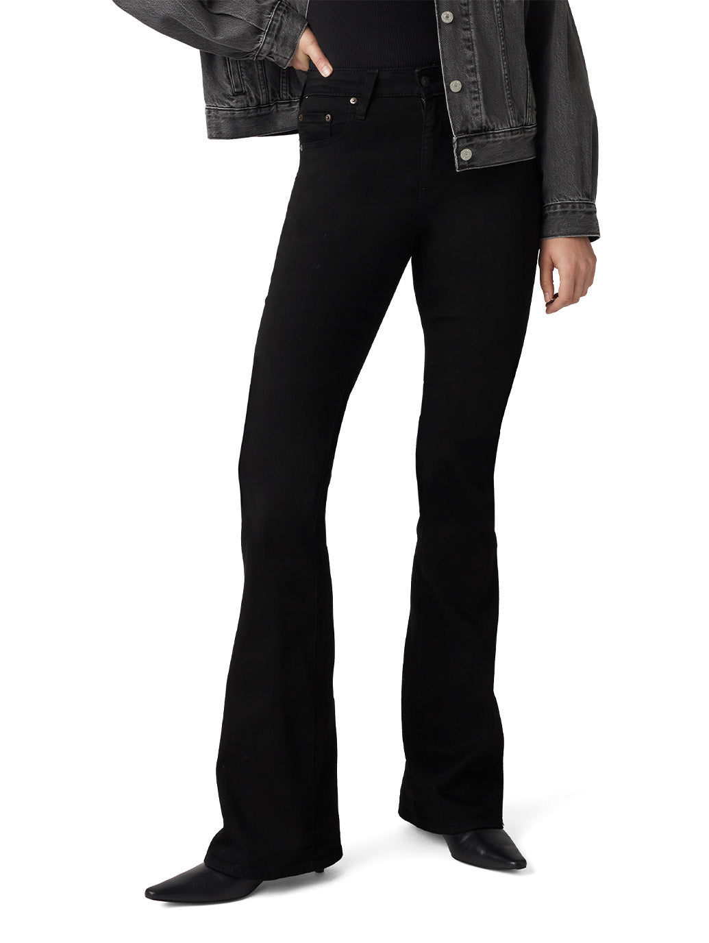 Levi's 726 high-rise flare jeans in Soft Black, full-length styled front view.