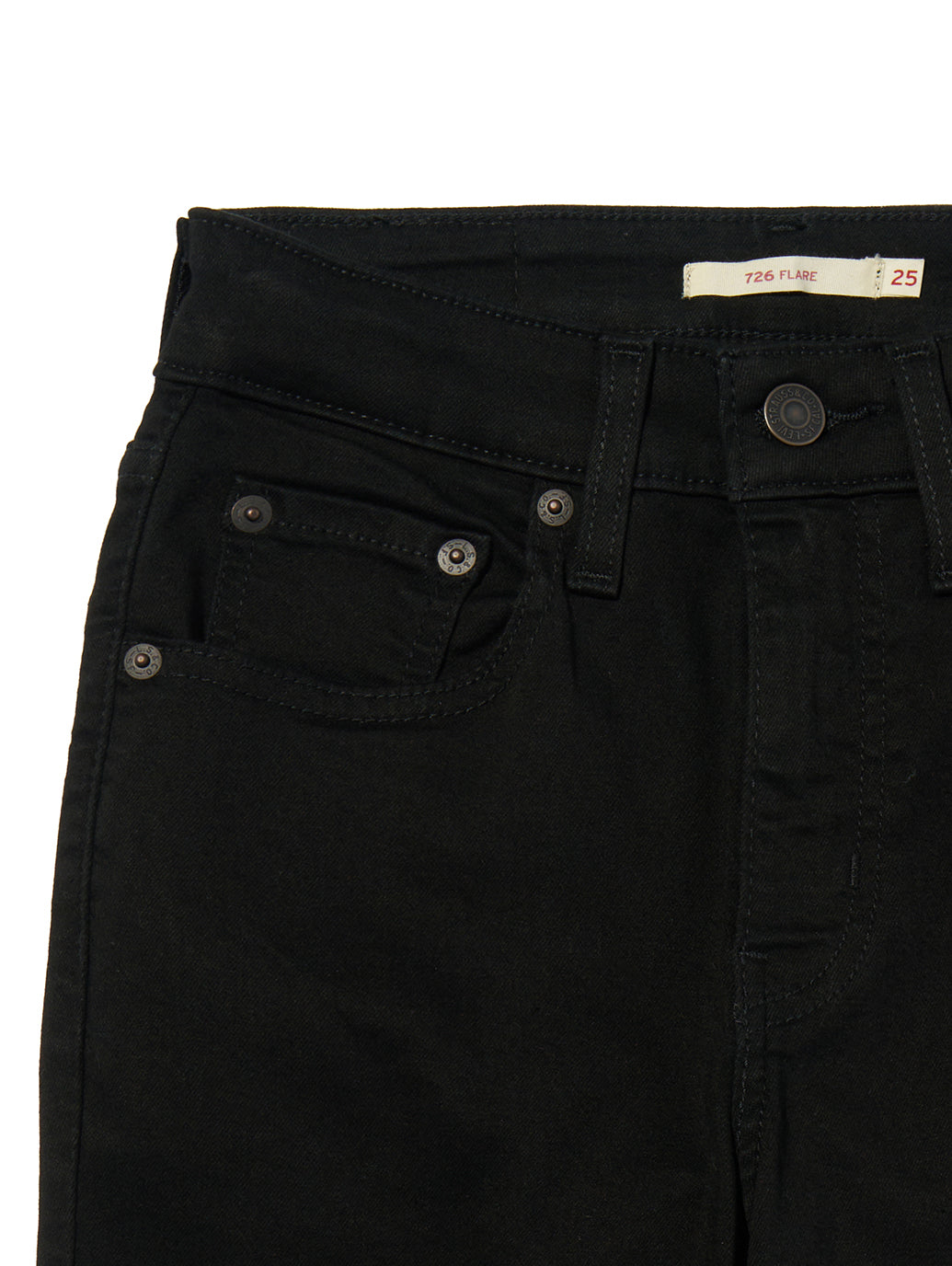Levi's 726 Soft Black jeans zip fly and button closure detail.