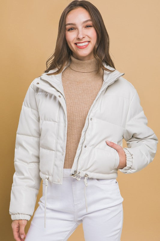 Faux Leather Puffer Jacket With Snap Closure - Vella Moda