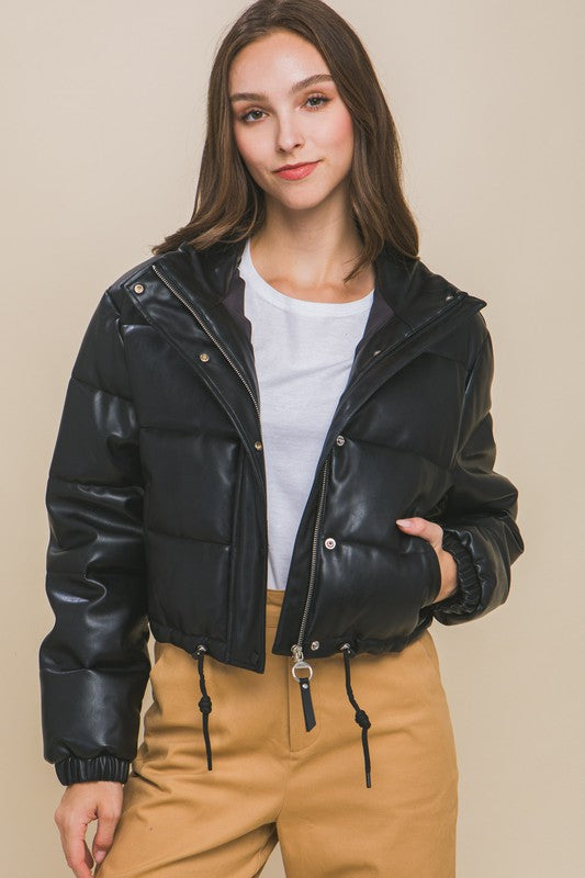 Faux Leather Puffer Jacket With Snap Closure - Vella Moda