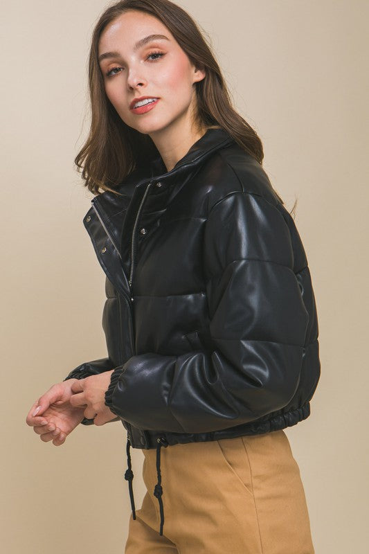 Faux Leather Puffer Jacket With Snap Closure - Vella Moda