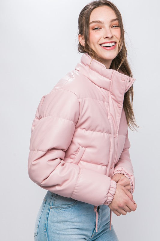 Faux Leather Puffer Jacket With Snap Closure - Vella Moda