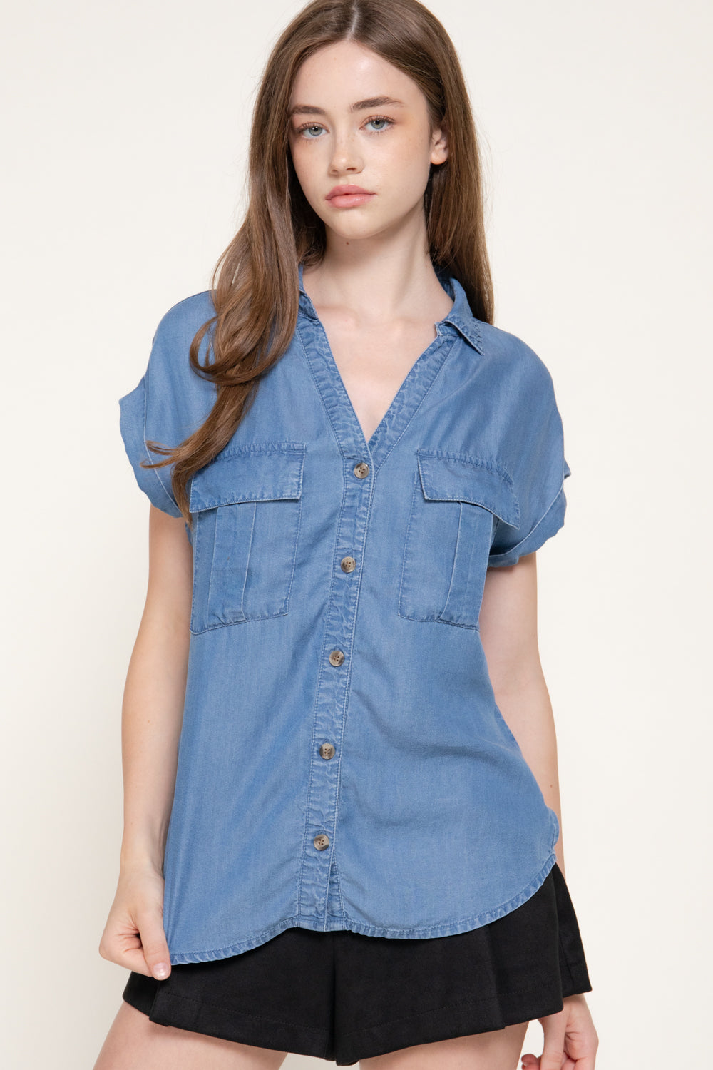 Lyocell Dolman-Sleeve Button-Down Shirt – Medium Denim & Black - Medium Denim