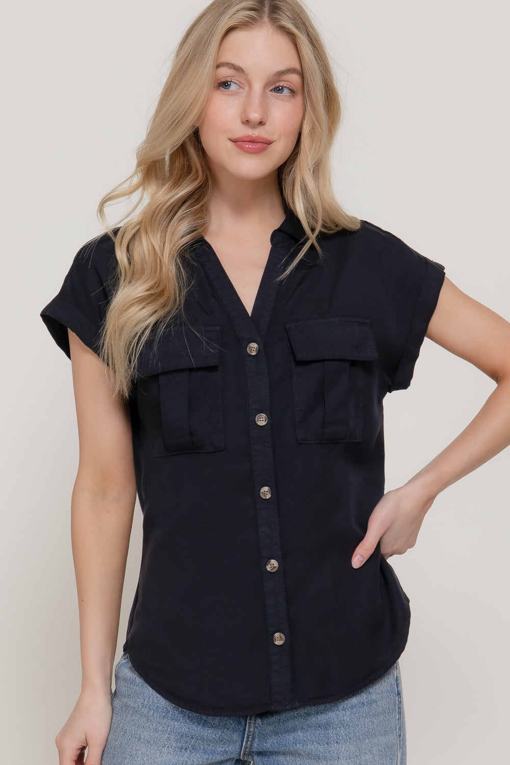 Lyocell Dolman-Sleeve Button-Down Shirt – Medium Denim & Black - Black