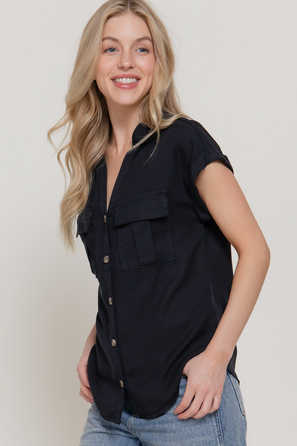 Lyocell Dolman-Sleeve Button-Down Shirt – Medium Denim & Black – Black – View 3