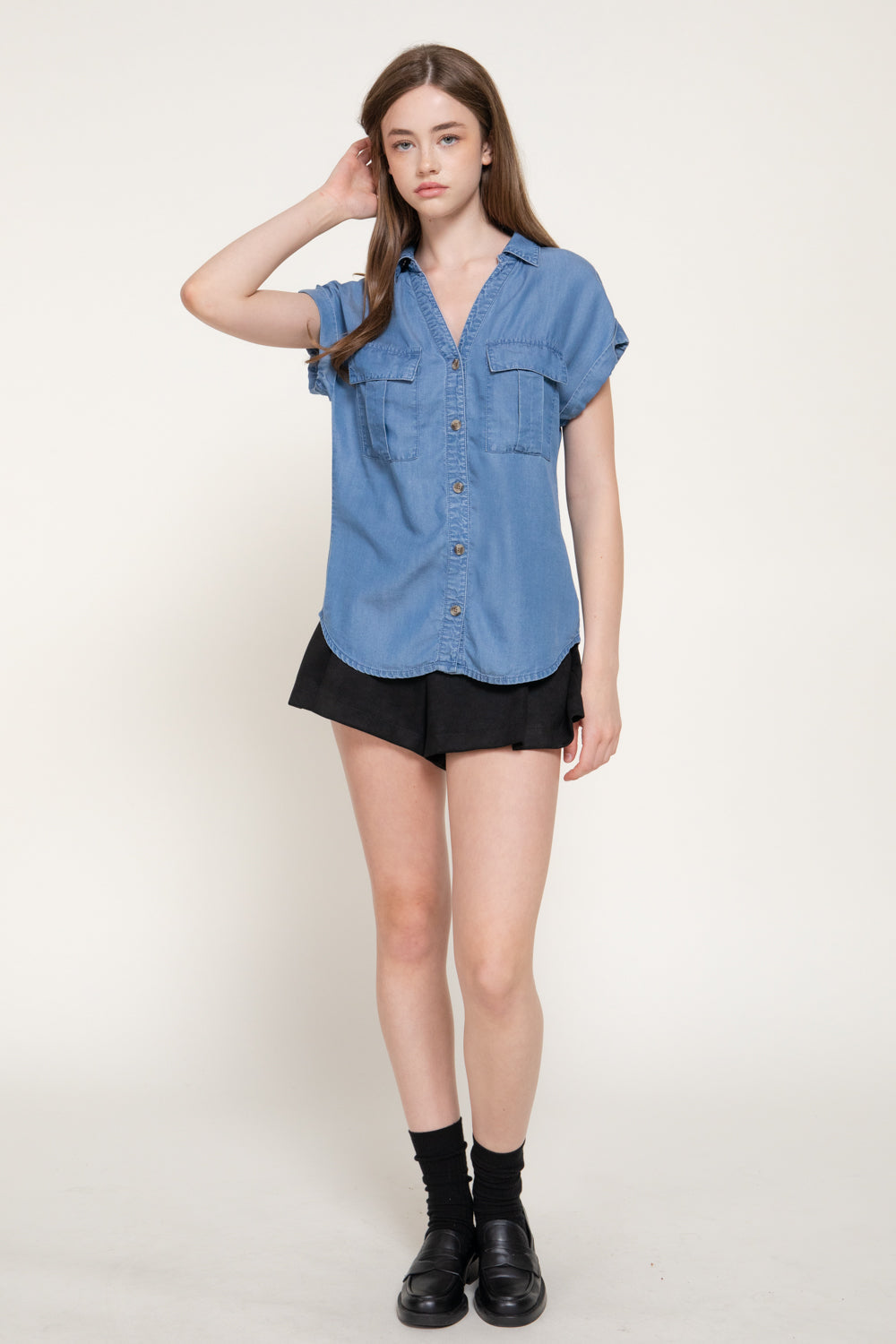 Lyocell Dolman-Sleeve Button-Down Shirt – Medium Denim & Black – Medium Denim – View 2