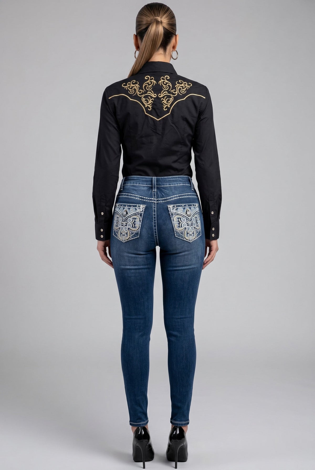 Patrona Embroidered Western Shirt – Black & Gold