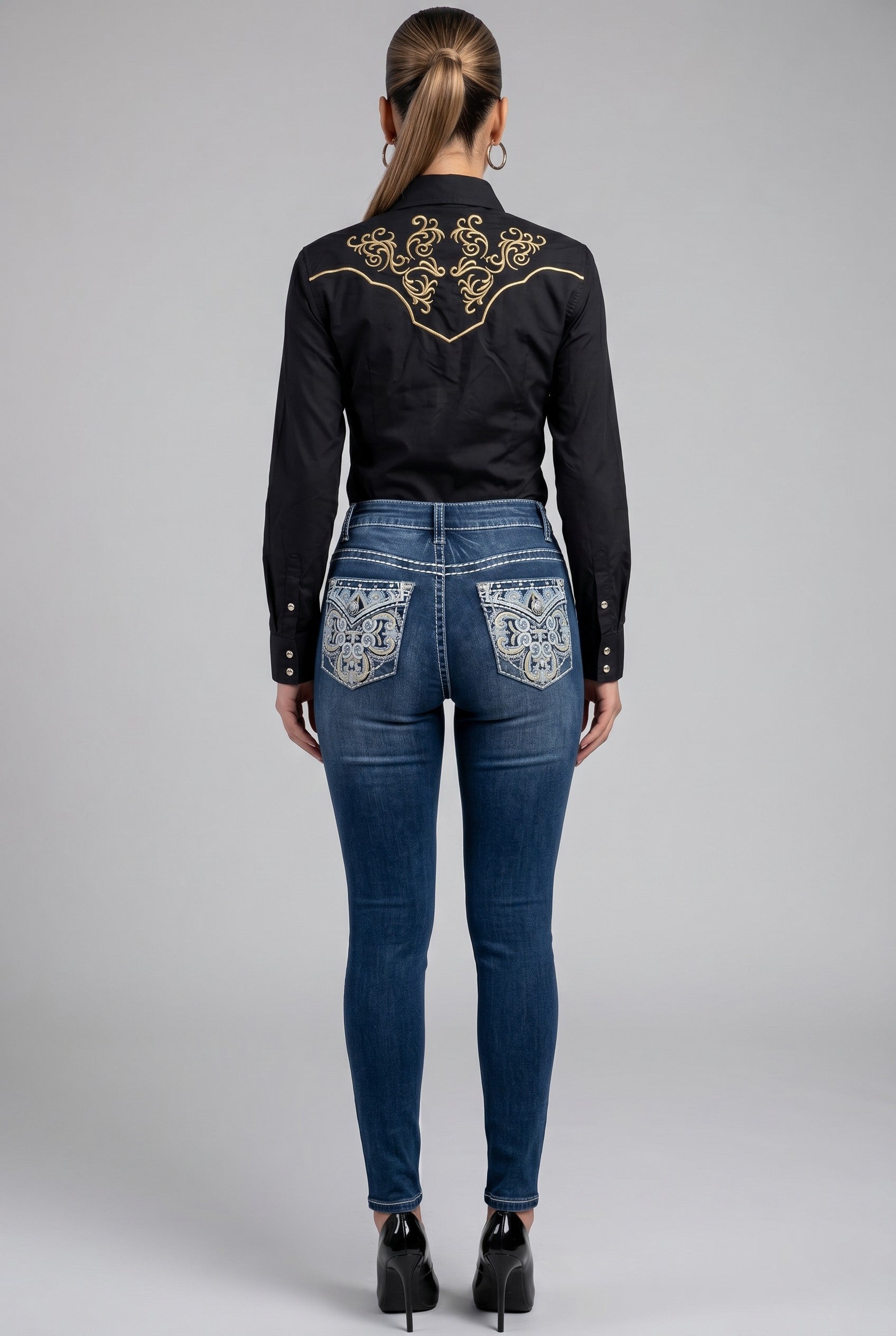 Patrona Embroidered Western Shirt – Black & Gold