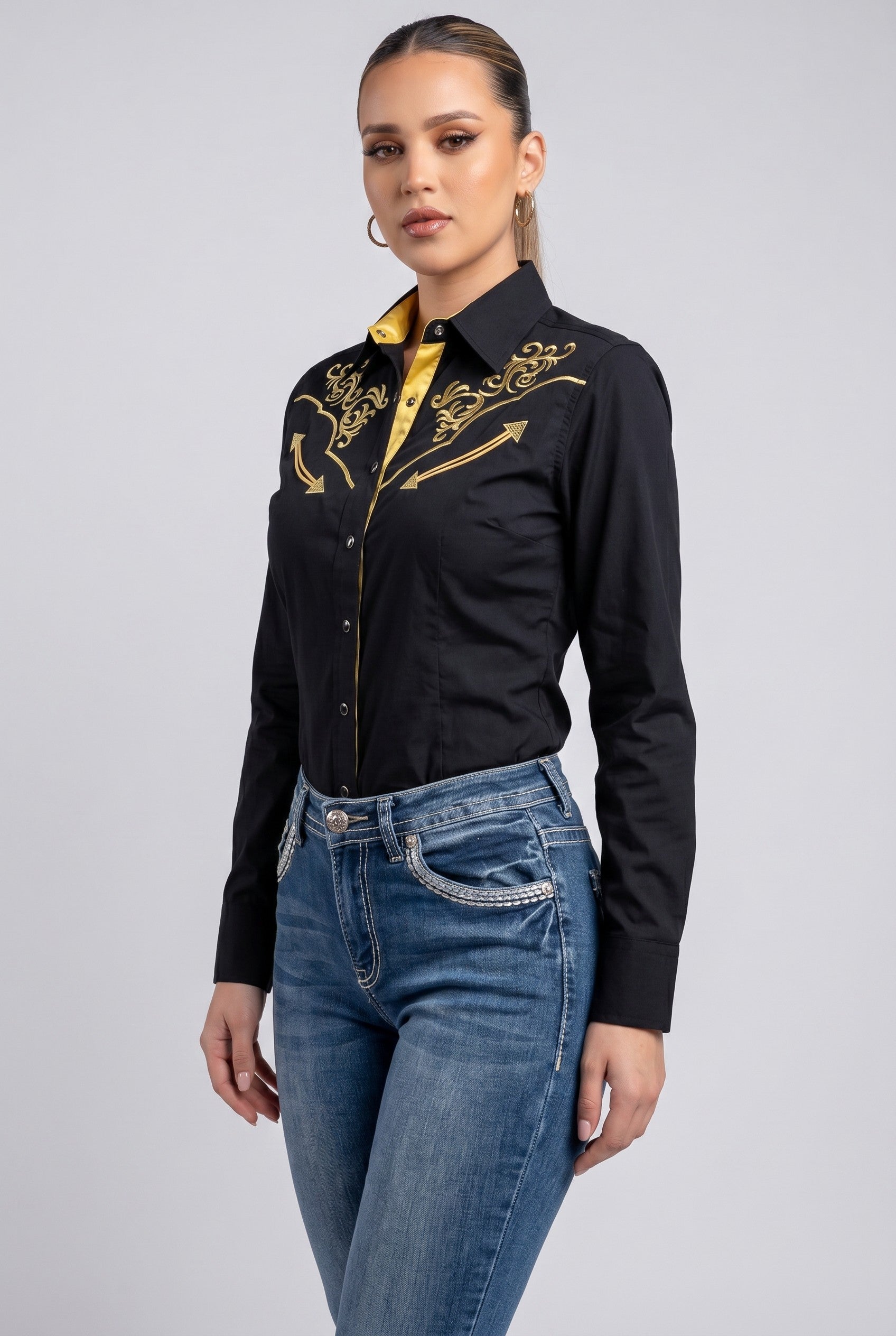 Patrona Embroidered Western Shirt – Black & Gold