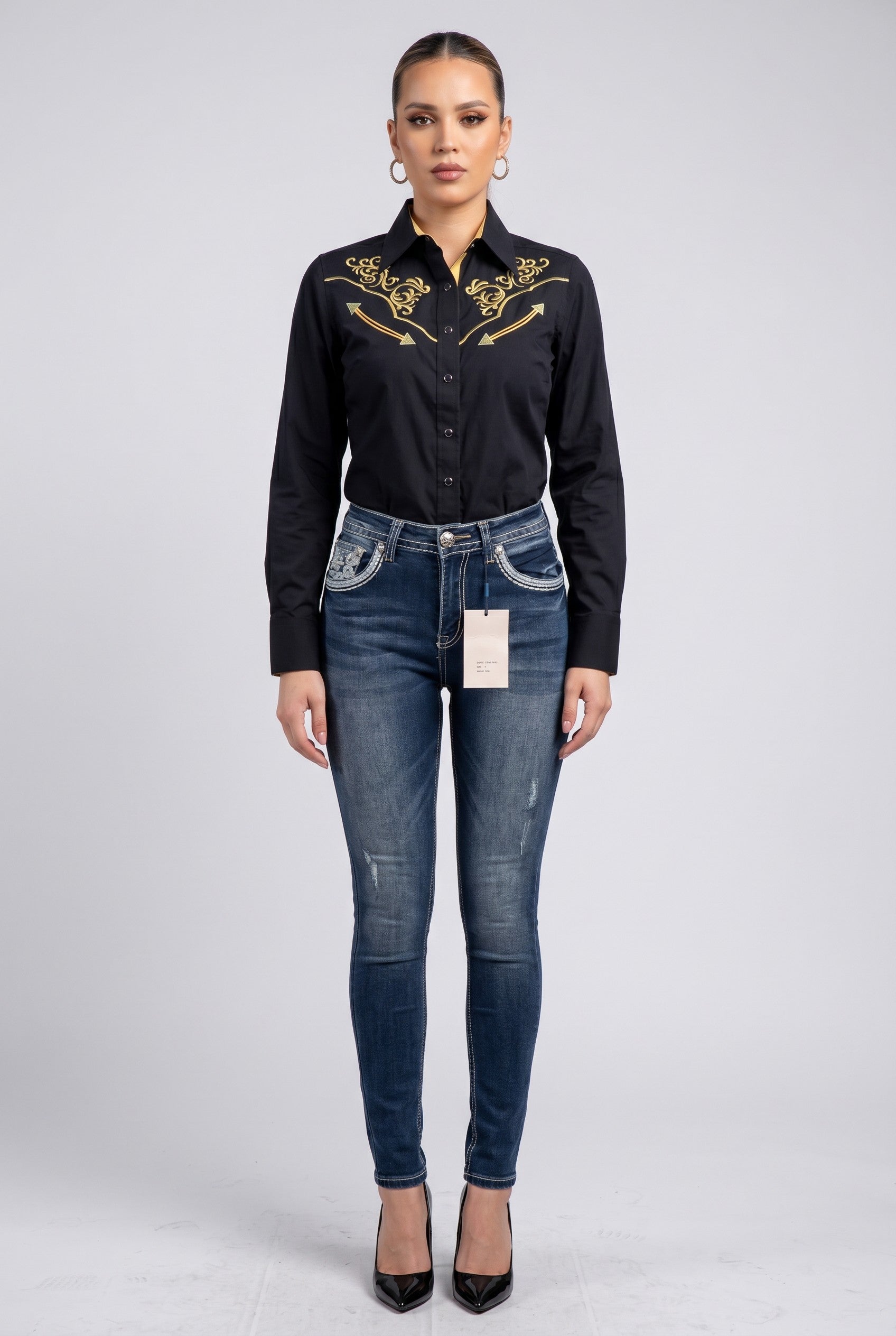 Patrona Embroidered Western Shirt – Black & Gold